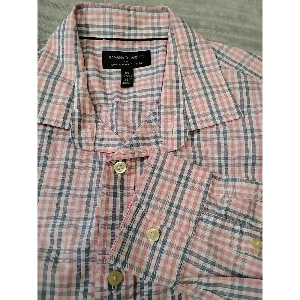 Banana Republic Men Button Down Shirt Pink/Blue Plaid Size Med Non Iron Slim Fit